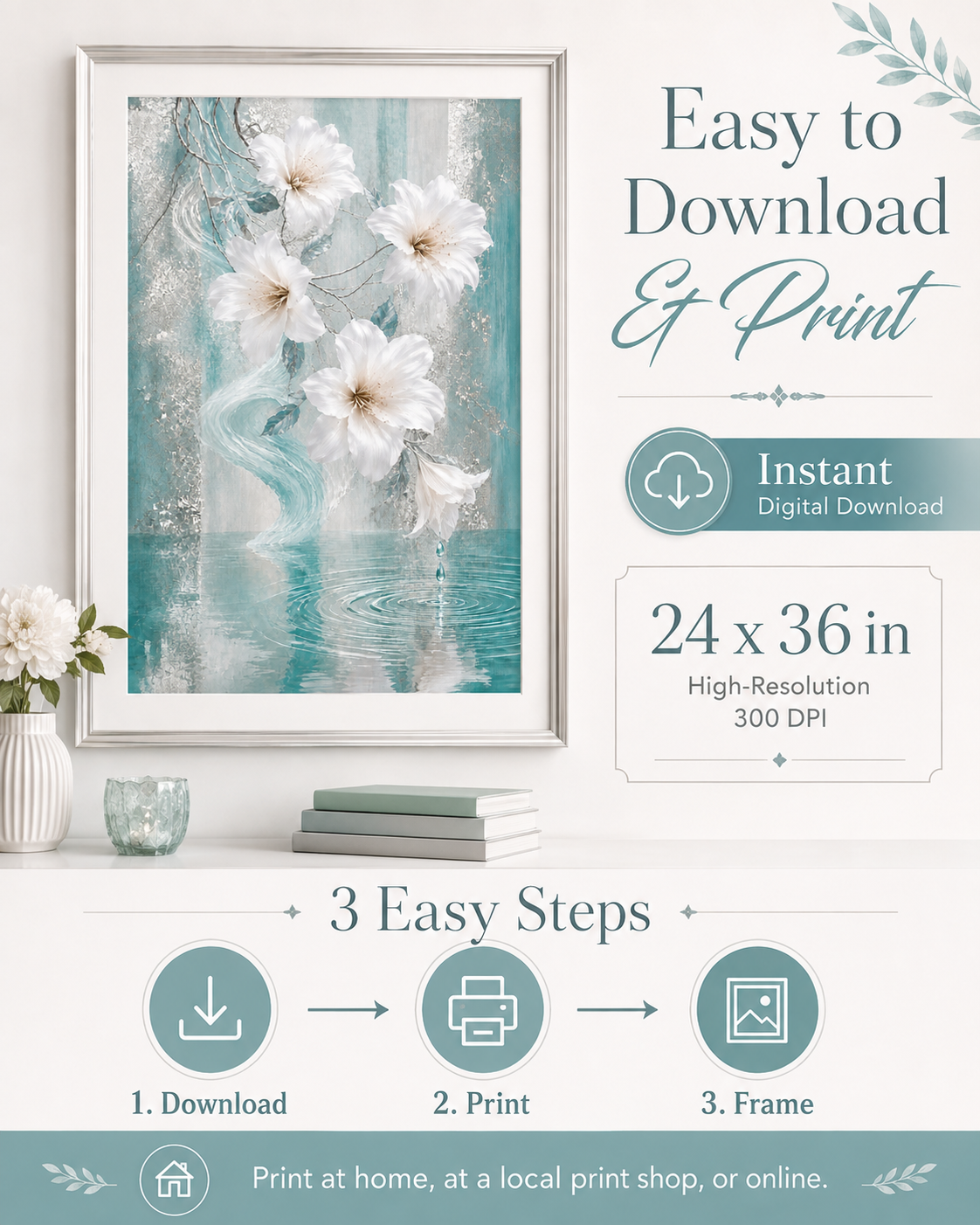 Elegant Aqua Floral Wall Art — Printable Digital Download