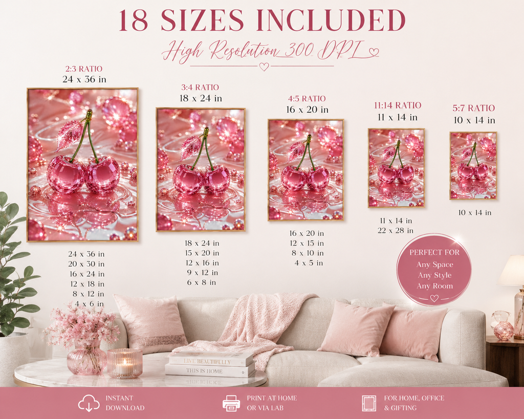 Pink Cherry Wall Art Digital Download, Crystal Cherry Print, Glam Pink Decor, Feminine Wall Art, Sparkly Printable Art, 18 Sizes