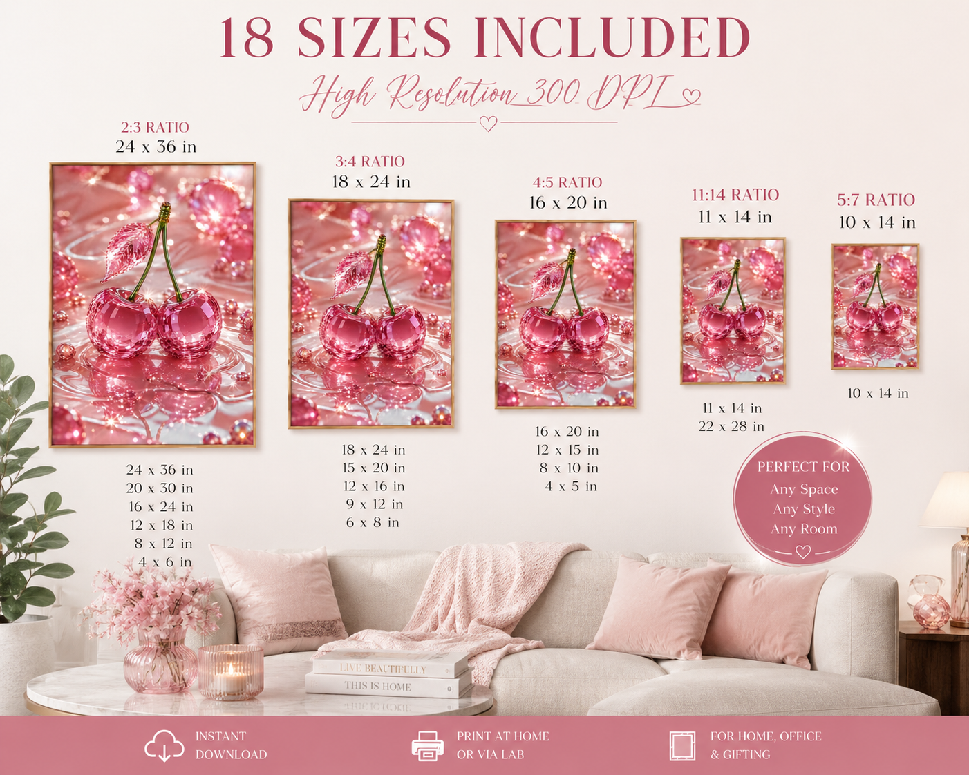 Pink Cherry Wall Art Digital Download, Crystal Cherry Print, Glam Pink Decor, Feminine Wall Art, Sparkly Printable Art, 18 Sizes
