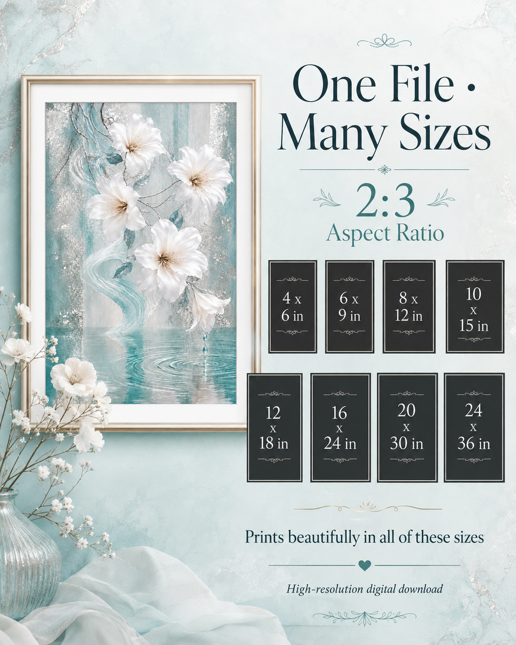Elegant Aqua Floral Wall Art — Printable Digital Download
