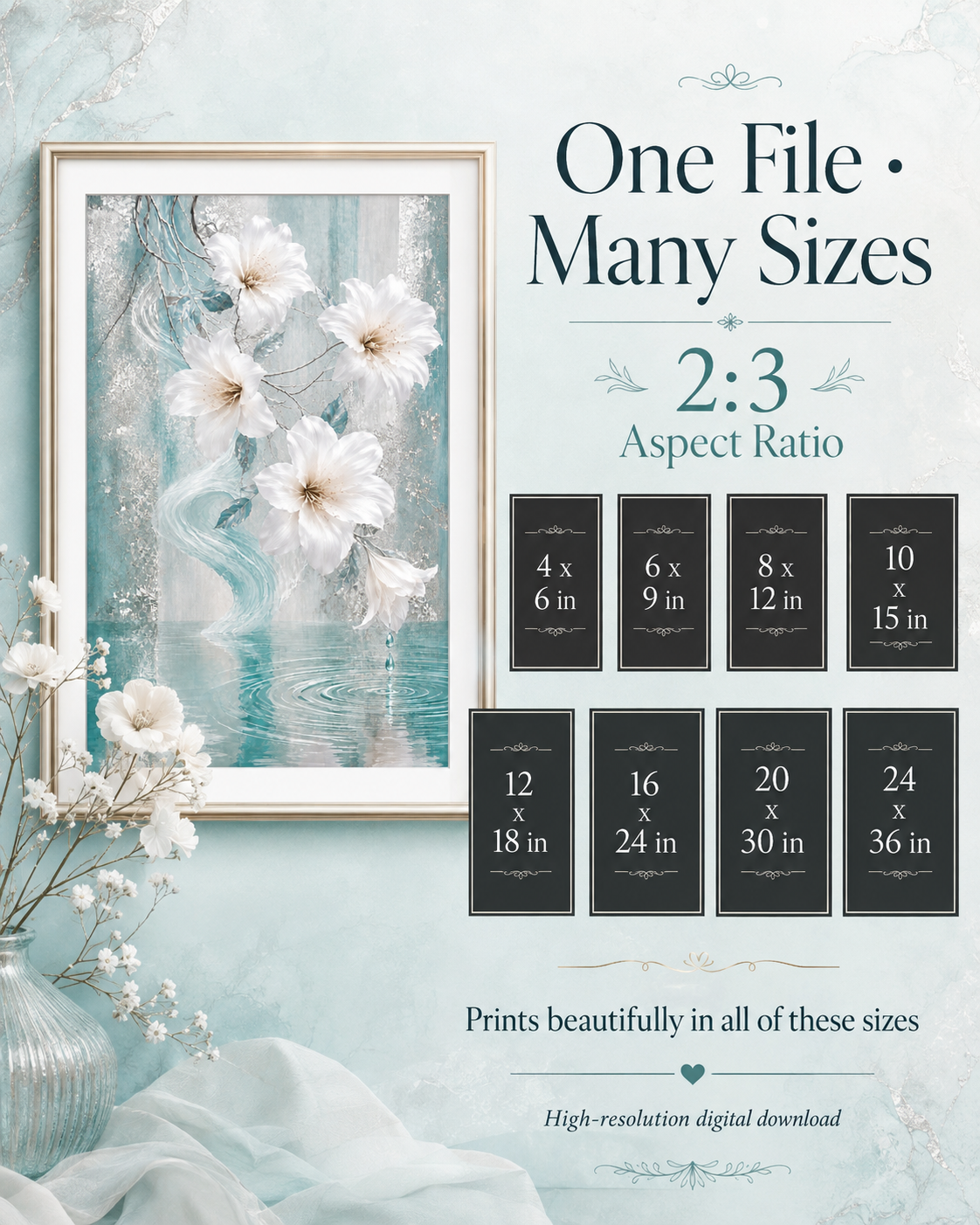 Elegant Aqua Floral Wall Art — Printable Digital Download