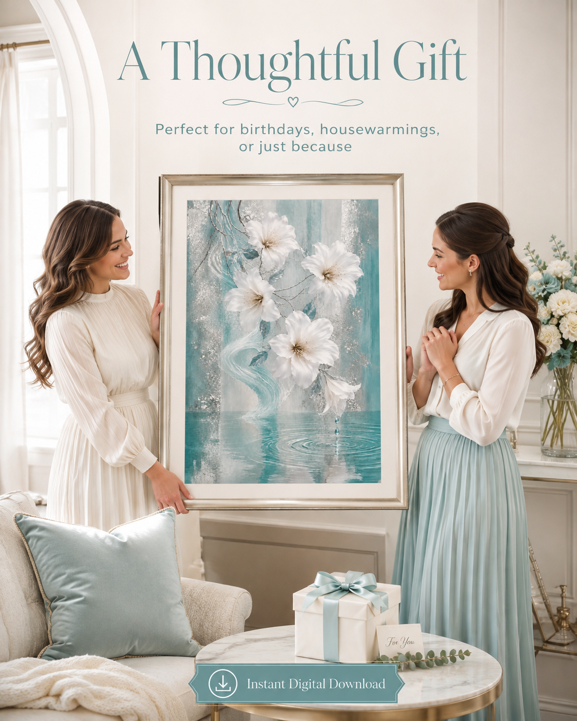 Elegant Aqua Floral Wall Art — Printable Digital Download