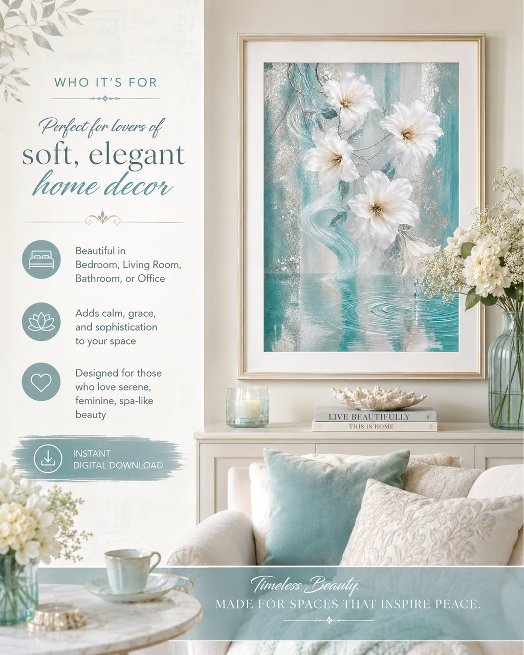 Elegant Aqua Floral Wall Art — Printable Digital Download