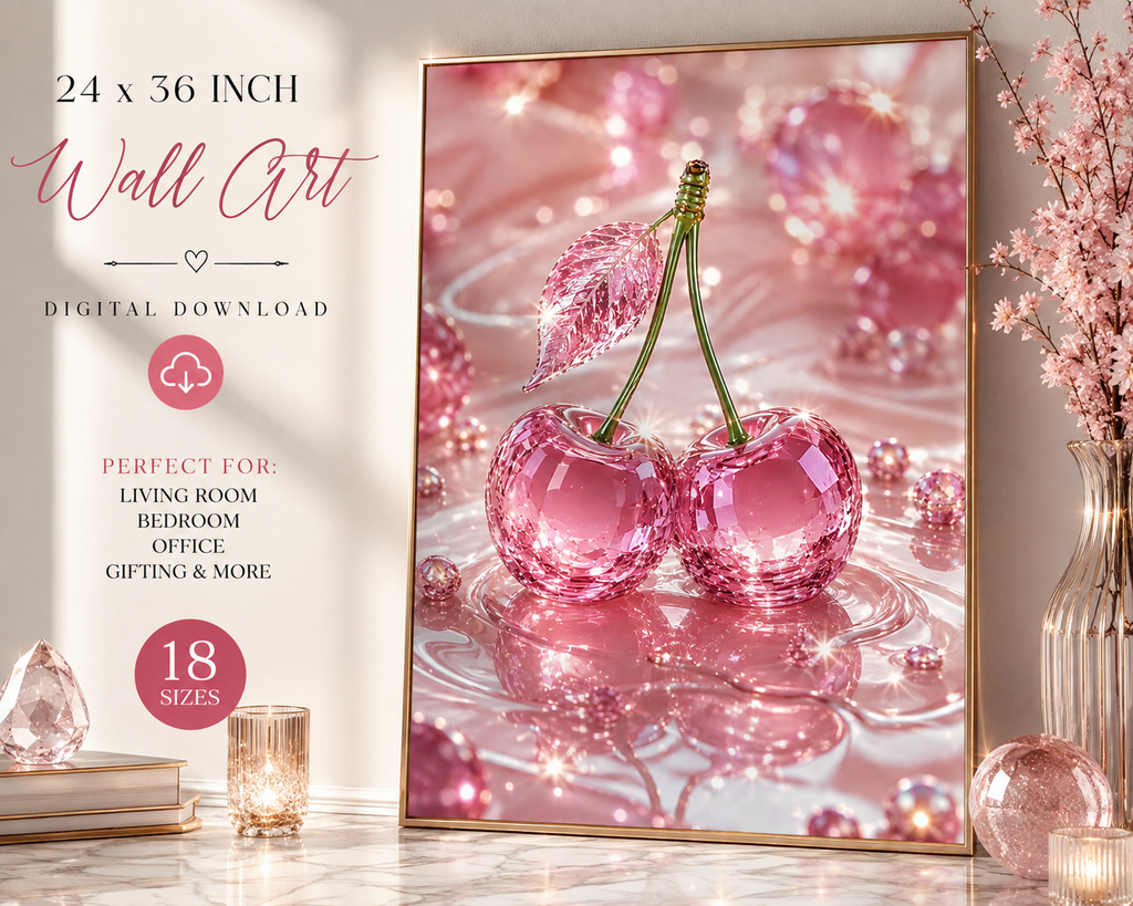 Pink Cherry Wall Art Digital Download, Crystal Cherry Print, Glam Pink Decor, Feminine Wall Art, Sparkly Printable Art, 18 Sizes