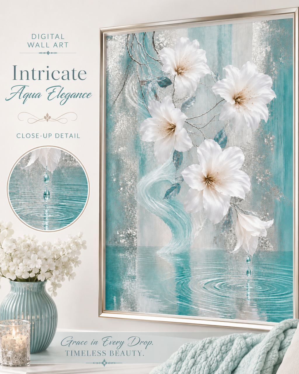 Elegant Aqua Floral Wall Art — Printable Digital Download