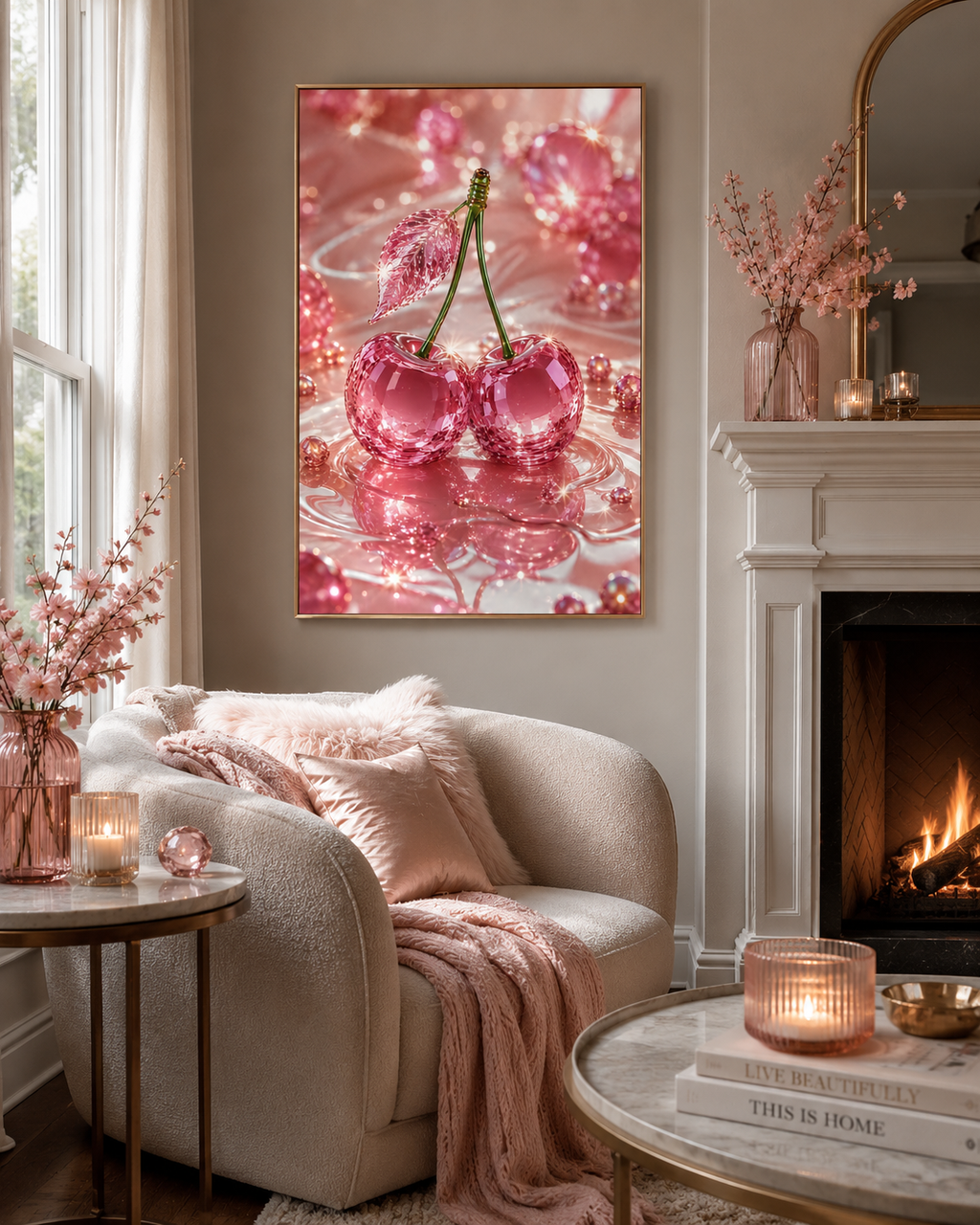 Pink Cherry Wall Art Digital Download, Crystal Cherry Print, Glam Pink Decor, Feminine Wall Art, Sparkly Printable Art, 18 Sizes