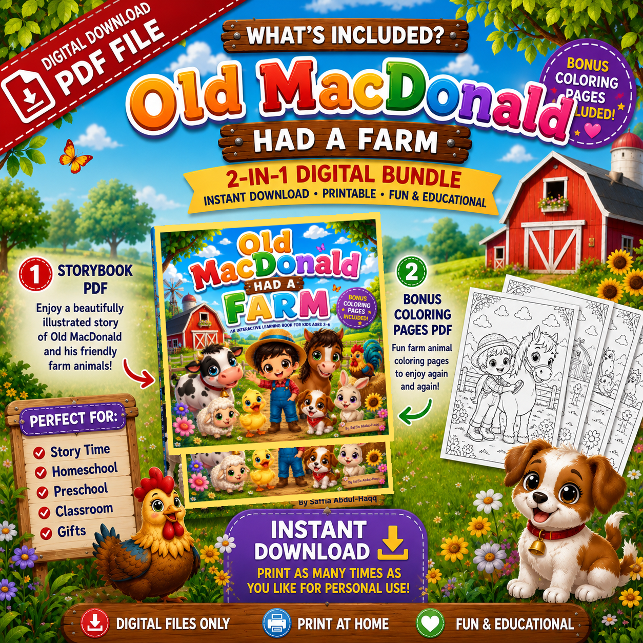 Old MacDonald Had a Farm PDF Book and Bonus Coloring Pages Pack
