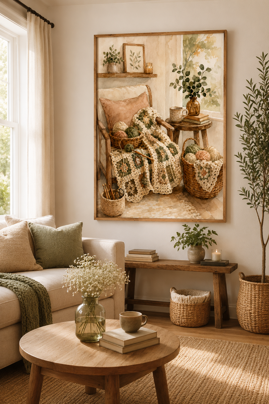 Cozy crochet wall art displayed in a warm neutral living room