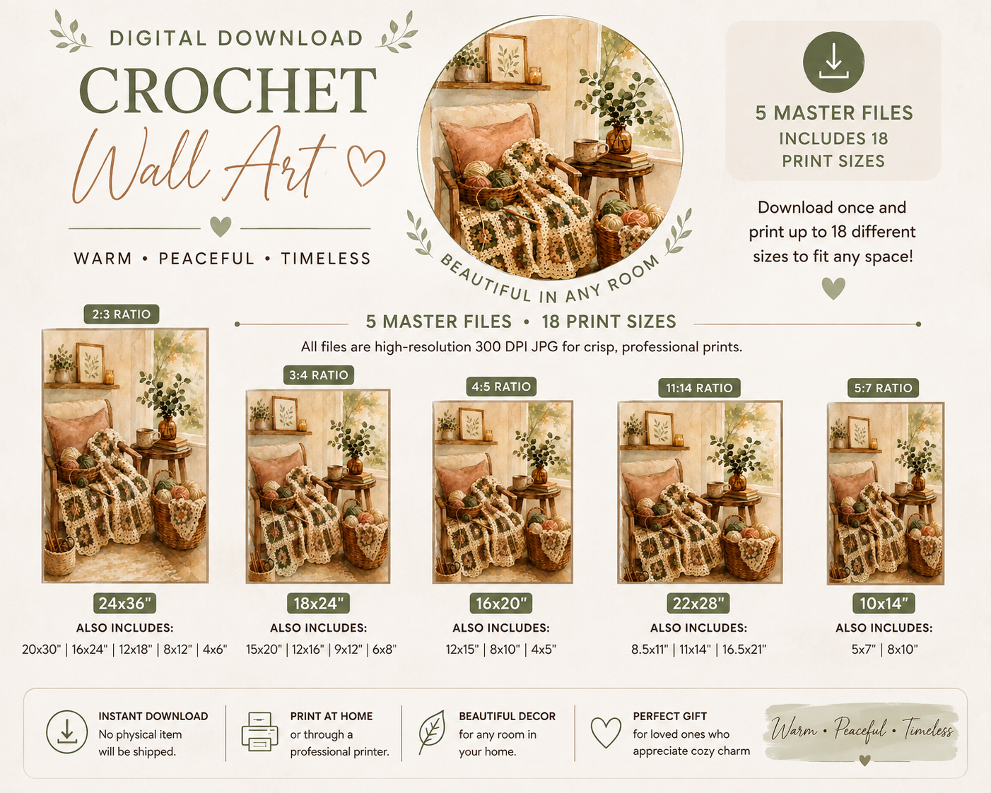 Crochet wall art digital download size guide with 18 print sizes