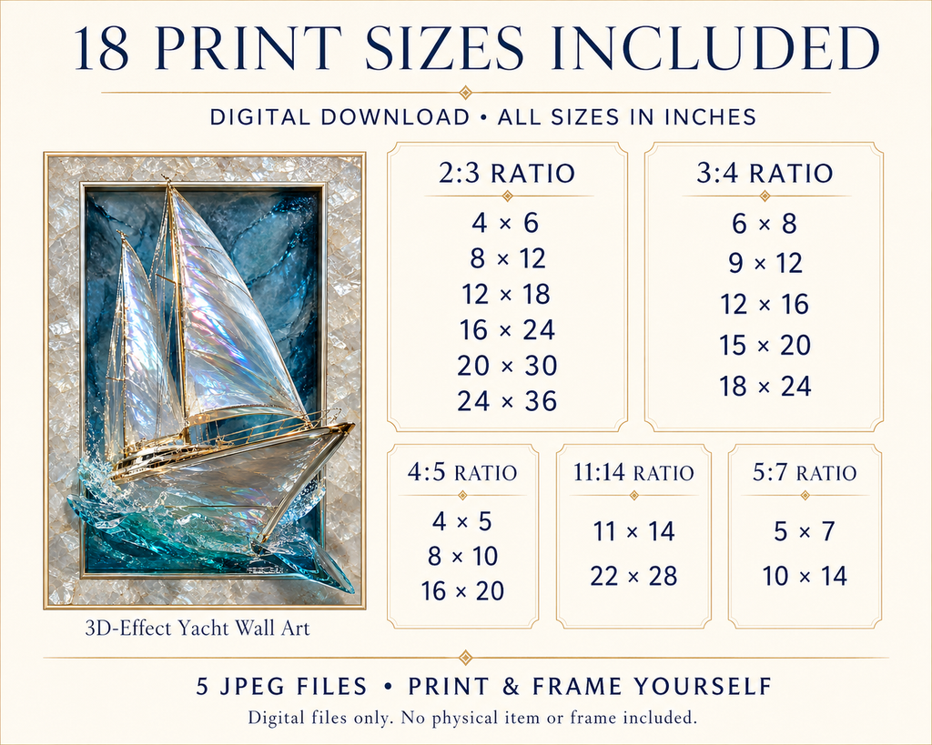 Size guide showing 18 print sizes across five JPEG ratios