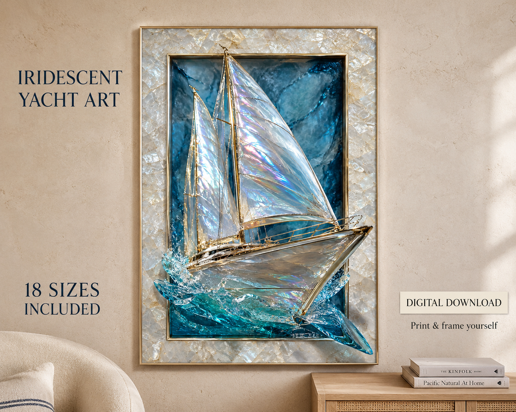 Iridescent yacht wall art in a coastal room — digital download, 18 print sizes