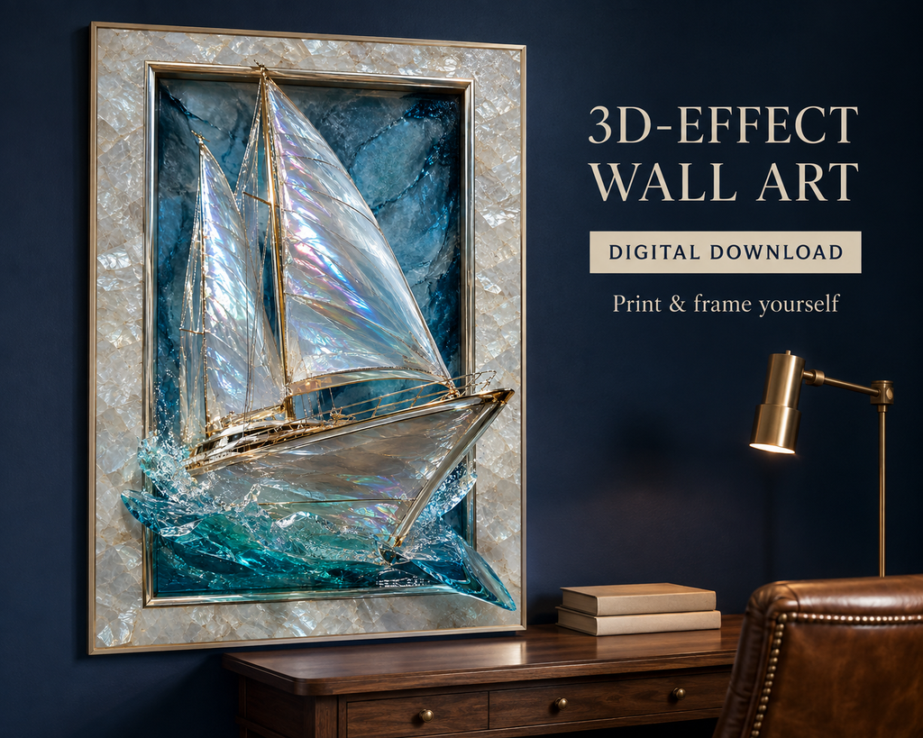 3D-effect yacht printable wall art in a navy office — digital download