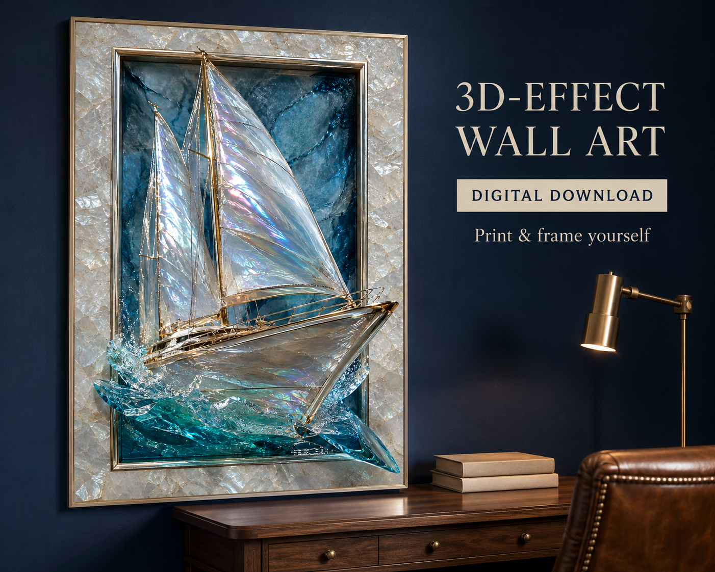 3D-effect yacht printable wall art in a navy office — digital download